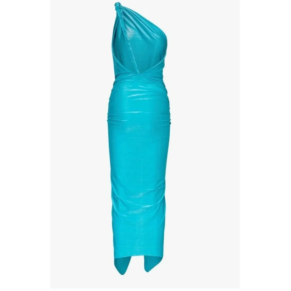 BAOBAB Cover Up Women Large Lazuli Blue Shimmer Miamar One‎ Shoulder Ruched Slit